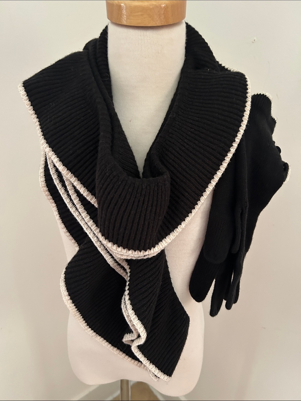 Black Ribbed Scarf with Cream Trim and Matching gloves